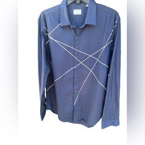 7Diamonds/Est 1983 Made Well Sz Large Navy Blue with white geo  L/S Dress Shirt